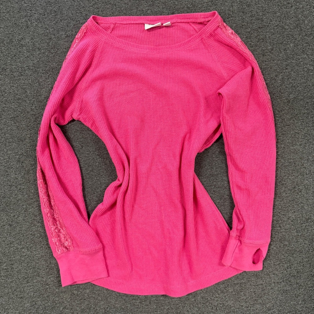 Y2K Curfew Waffle Knit Top Womens XL Pink Good Lace Trim Thumbhole Thermal